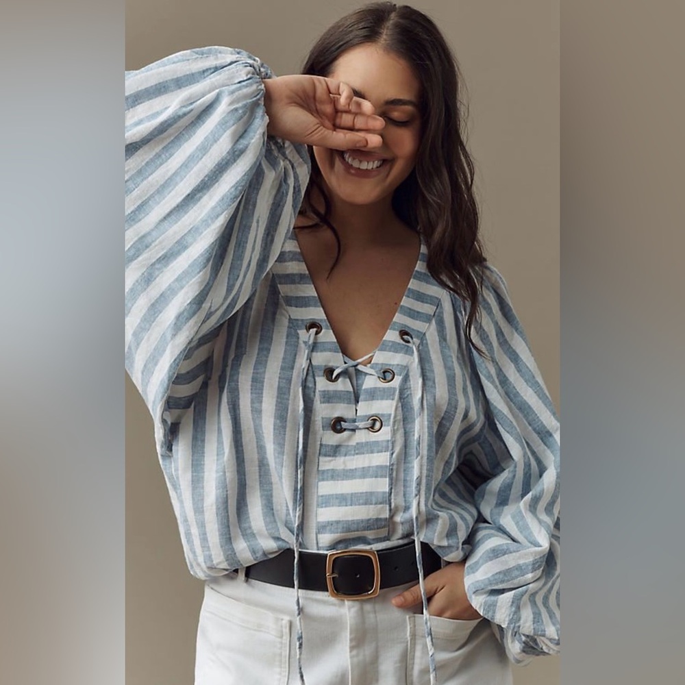 Free People Striped Lace-Up Dolman Blouse in Blue and White sz S - Picture 2 of 7